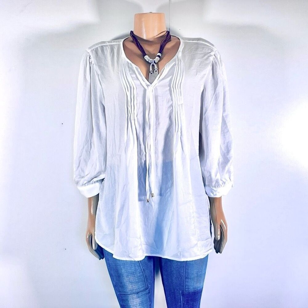NWT Gorgeous NY Collection 2X White Satin 3/4 Sleeve Peasant Pleated Tie Tunic
